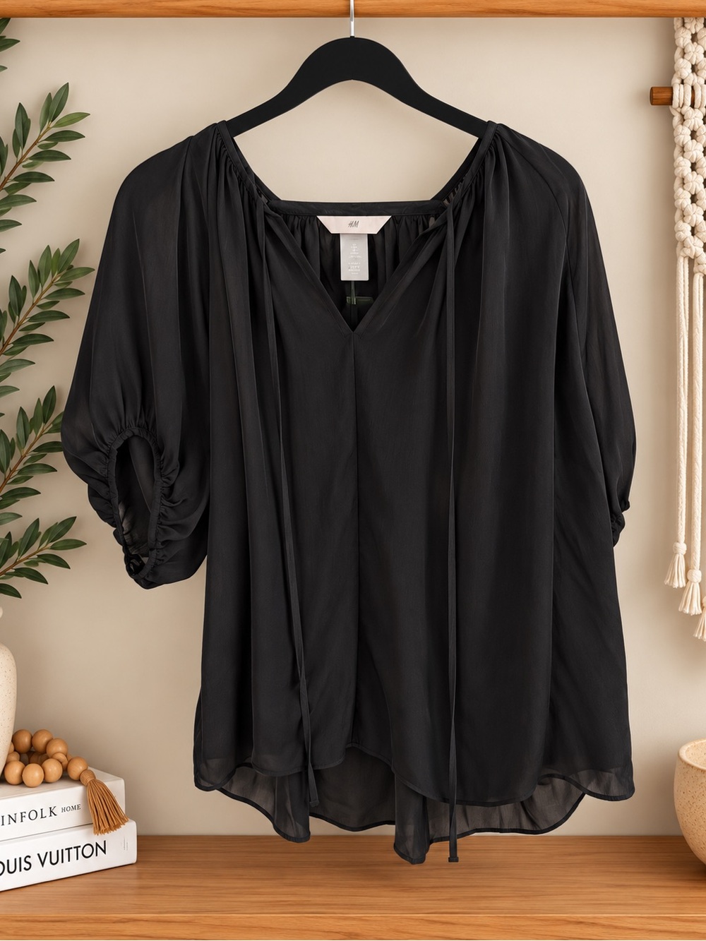 H&M Black V-Neck Peasant Blouse